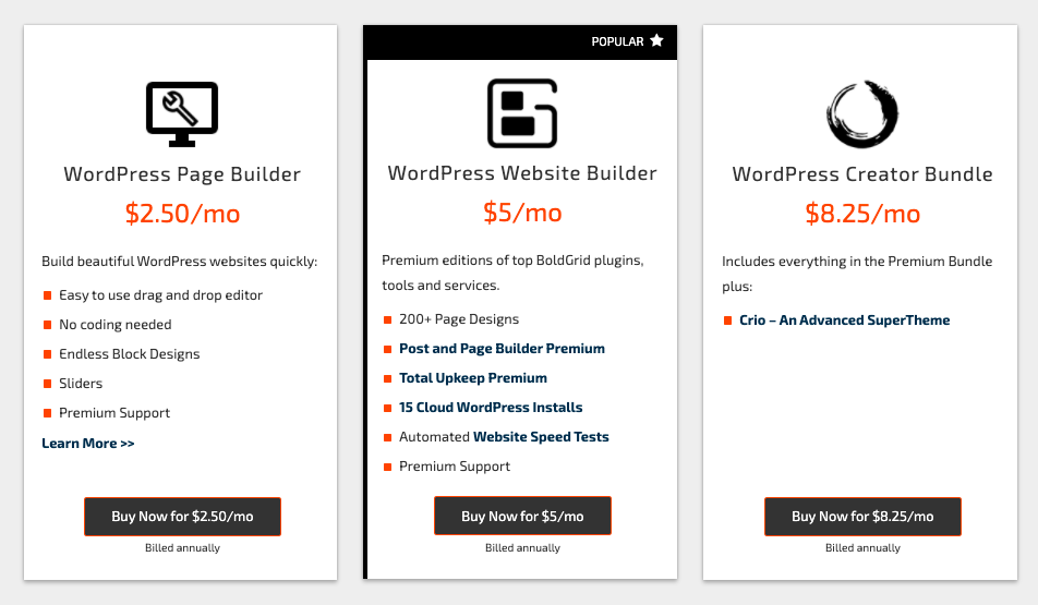 Boldgrid pricing options