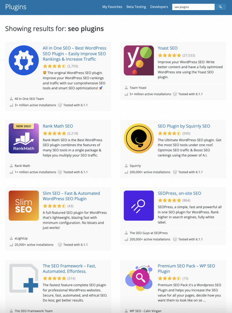 screenshot of all the seo wordpress plugins