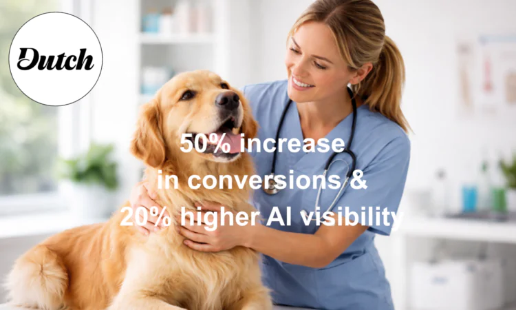 A female vet holds a golden retriever on a table. The Dutch logo is in the corner, black text on a white circle.